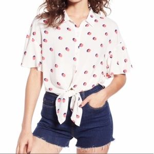 Nordstrom Lush Polka Dot Button-up Tie-up Blouse, Small